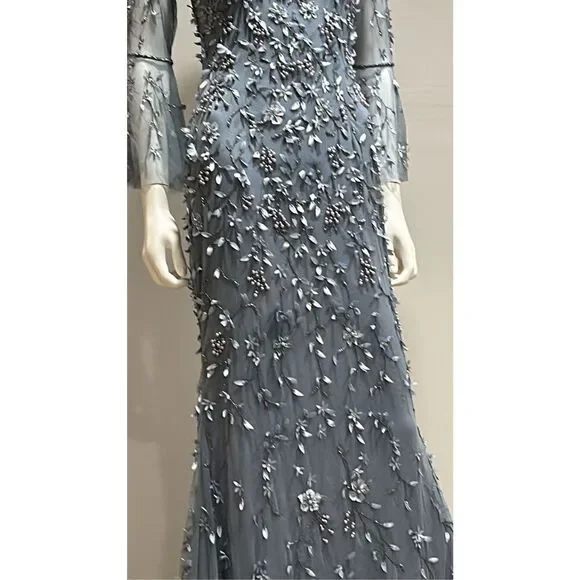 Theia Flounce Sleeve 3-D Embroidered and Beaded  Dusty Blue Gown Size 2 - Picture 5 of 14